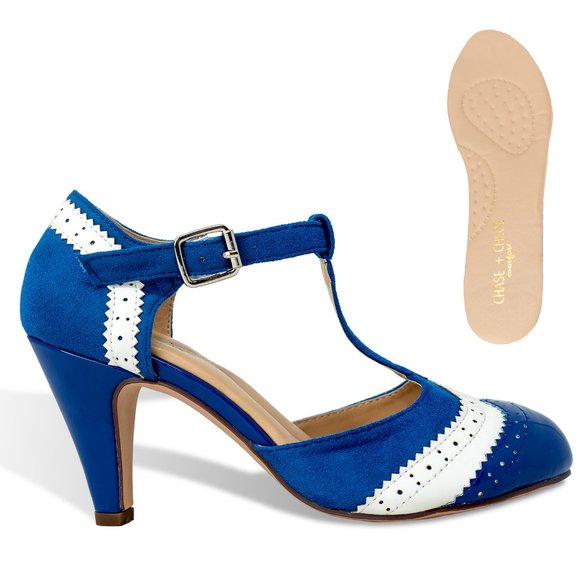 Chase & Chloe Kimmy-66 Closed Toe T-Strap Two Tone Oxford Pumps - Picture 1 of 4
